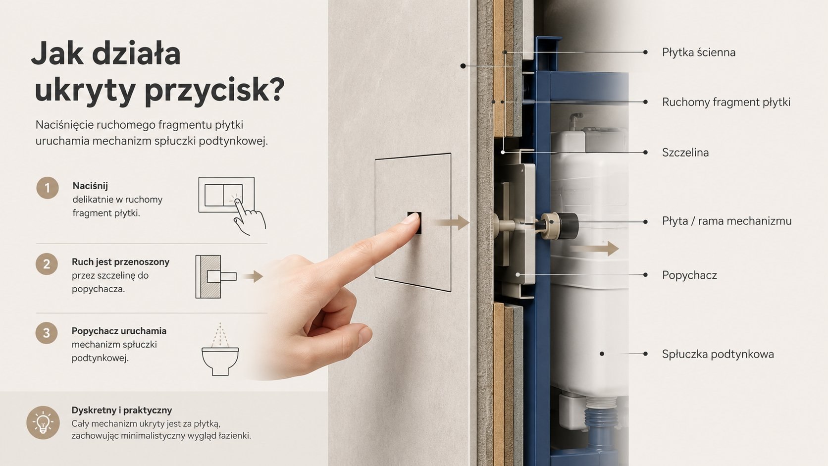 Schemat działania ukrytego przycisku spłukującego pod płytką