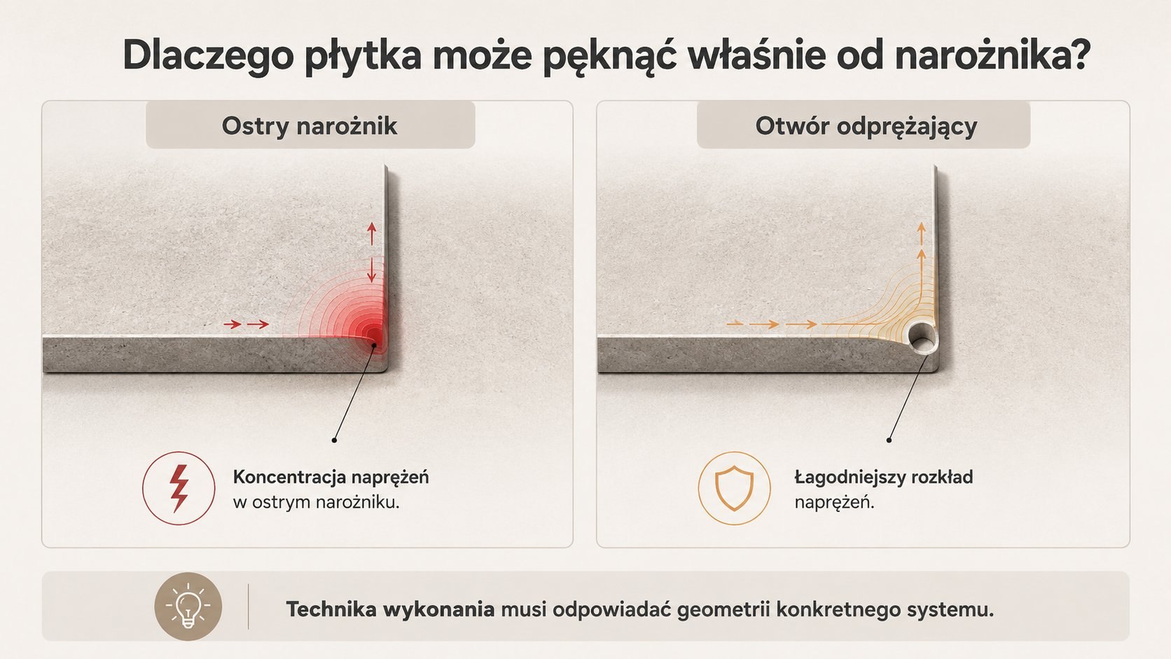 Ostry narożnik i otwór odprężający przy wycinaniu gresu