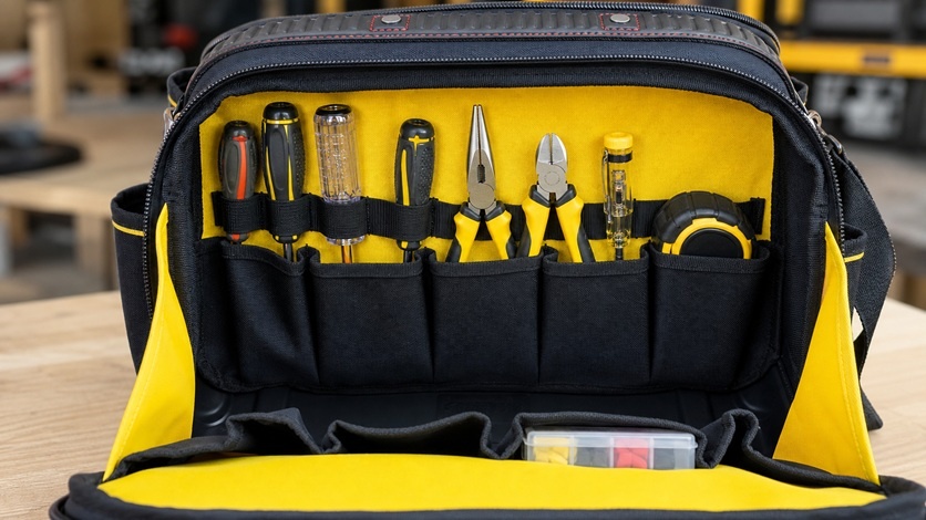 Kieszenie i uchwyty wewnątrz torby STANLEY FATMAX FMST1-73607 z narzędziami ręcznymi