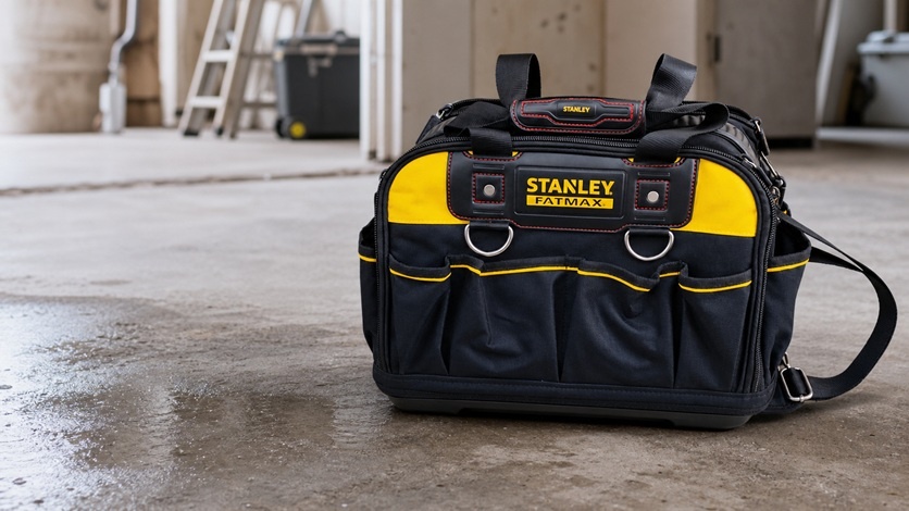 Torba STANLEY FATMAX FMST1-73607 ustawiona na wilgotnej posadzce na sztywnym wodoodpornym dnie
