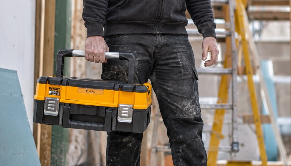 Przenoszenie skrzyni DEWALT za długi aluminiowy uchwyt