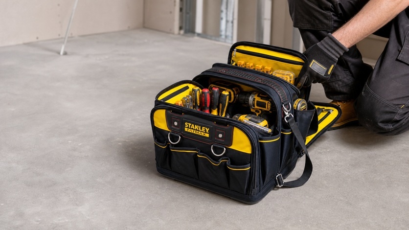 Torba narzędziowa STANLEY FATMAX FMST1-73607 otwarta na stanowisku pracy montera